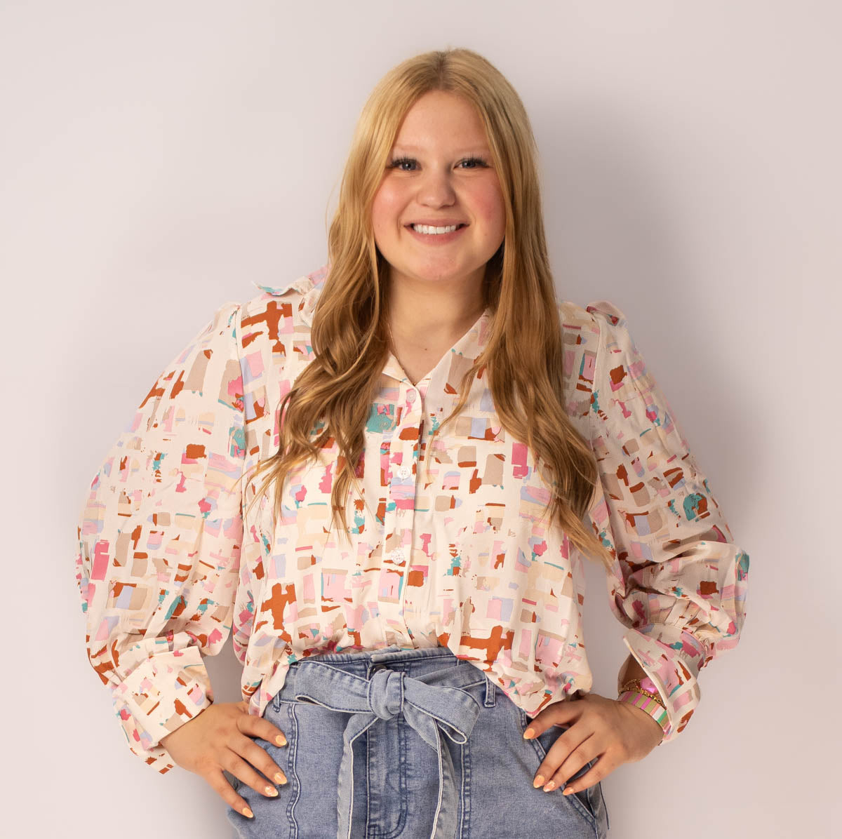 Multicolor Printed Collared Neck Long Sleeve Shirt