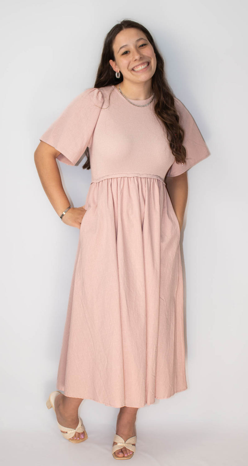 Ribbed Sweater Top Midi Dress With Crinkled Skirt