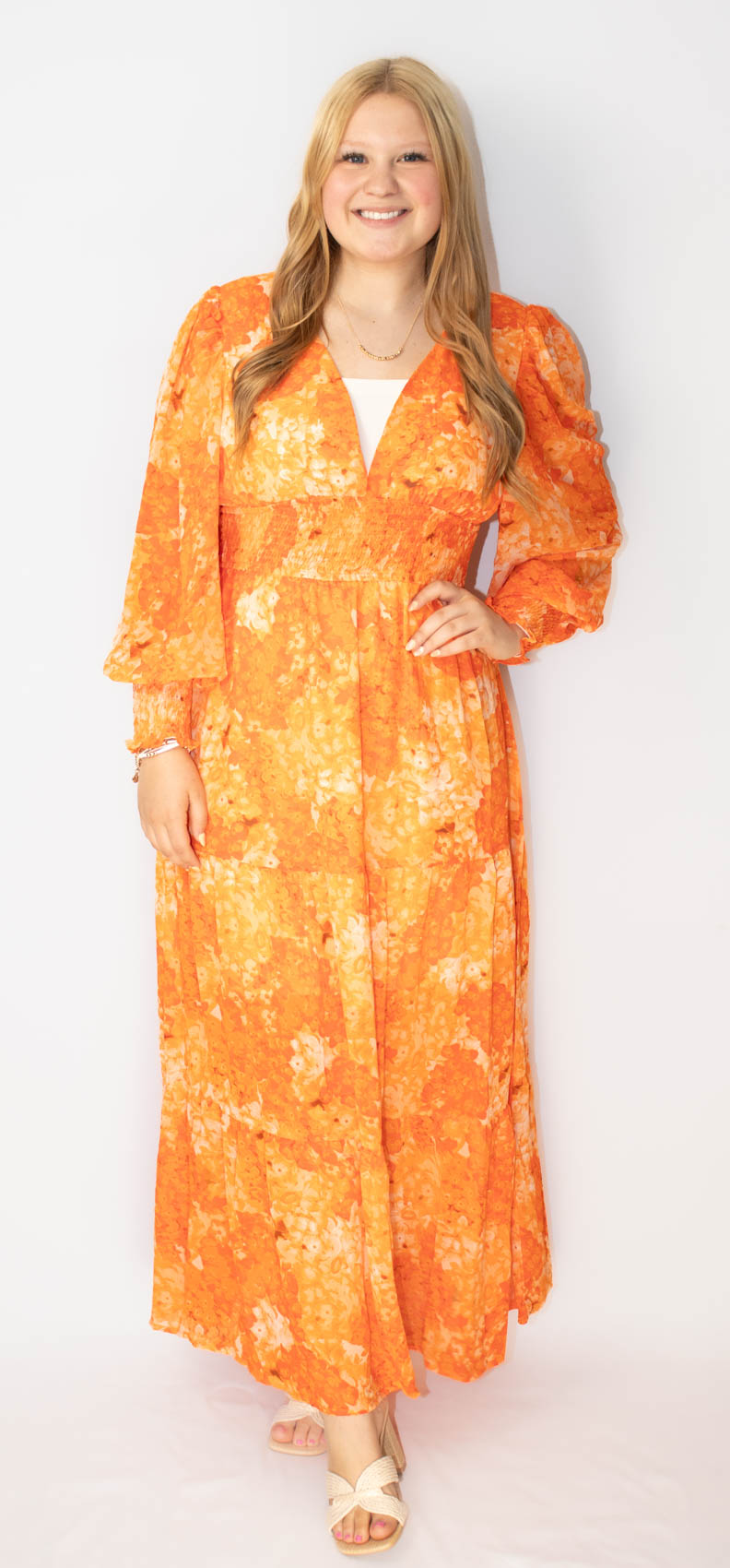 Orange Boho Floral Tiered Maxi Dress