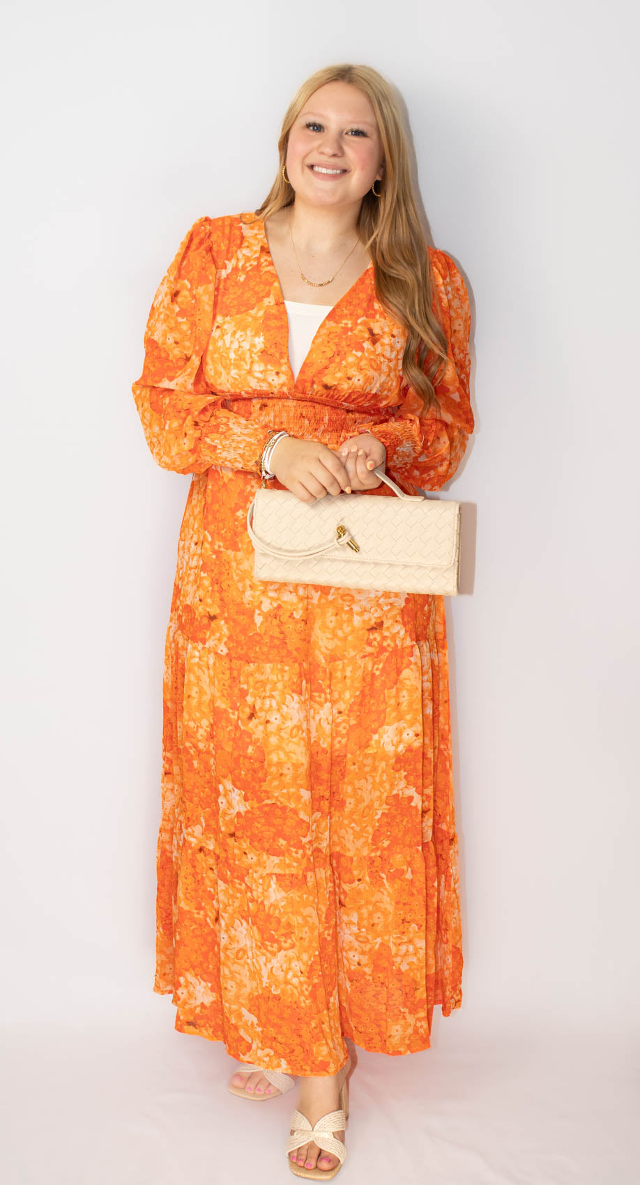 Orange Boho Floral Tiered Maxi Dress