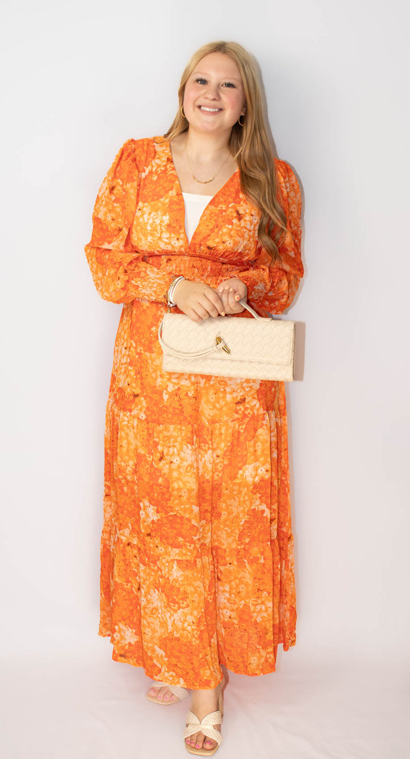 Orange Boho Floral Tiered Maxi Dress