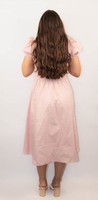 Short Puff Sleeve Front Bow Tie and Zipper Woven Midi Dress With Pockets-Pink