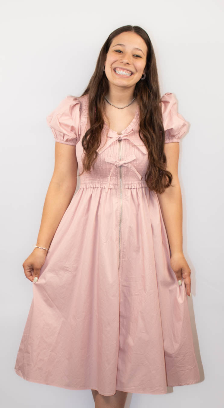 Short Puff Sleeve Front Bow Tie and Zipper Woven Midi Dress With Pockets-Pink