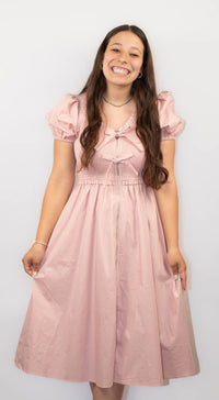 Short Puff Sleeve Front Bow Tie and Zipper Woven Midi Dress With Pockets-Pink