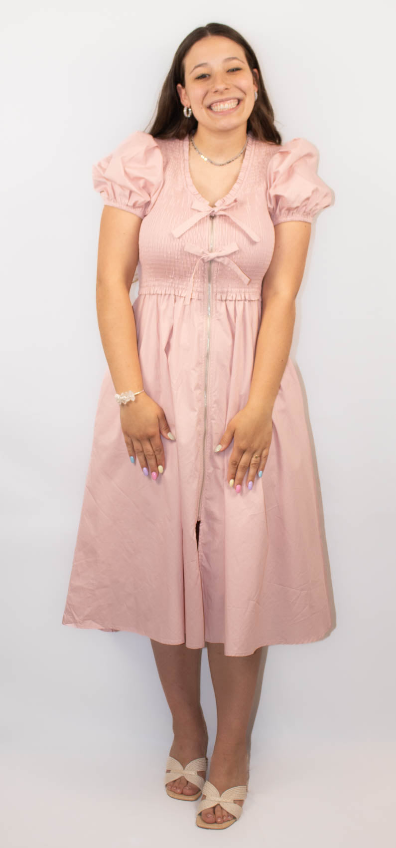 Short Puff Sleeve Front Bow Tie and Zipper Woven Midi Dress With Pockets-Pink