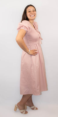 Short Puff Sleeve Front Bow Tie and Zipper Woven Midi Dress With Pockets-Pink