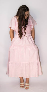 Tiered Floral Crochet Midi Dress with Flutter Sleeves- Ballerina Pink