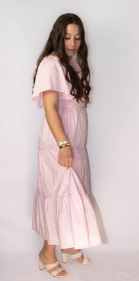 Tiered Floral Crochet Midi Dress with Flutter Sleeves- Ballerina Pink