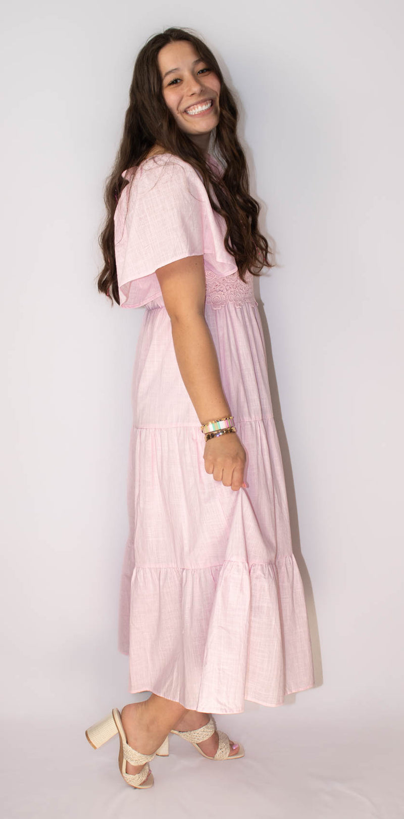 Tiered Floral Crochet Midi Dress with Flutter Sleeves- Ballerina Pink