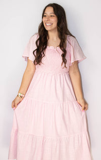 Tiered Floral Crochet Midi Dress with Flutter Sleeves- Ballerina Pink