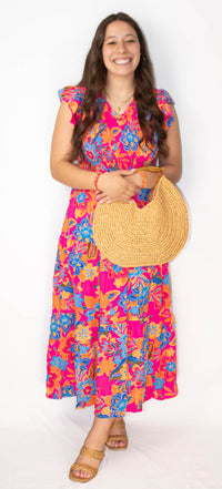 Pink Floral V Neck Ruffle Tiered Dress