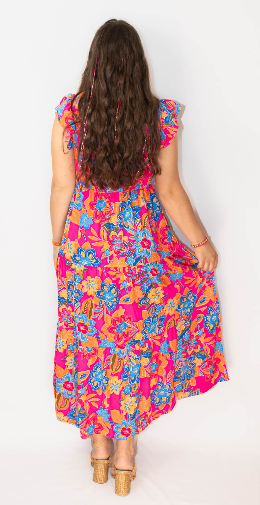 Pink Floral V Neck Ruffle Tiered Dress