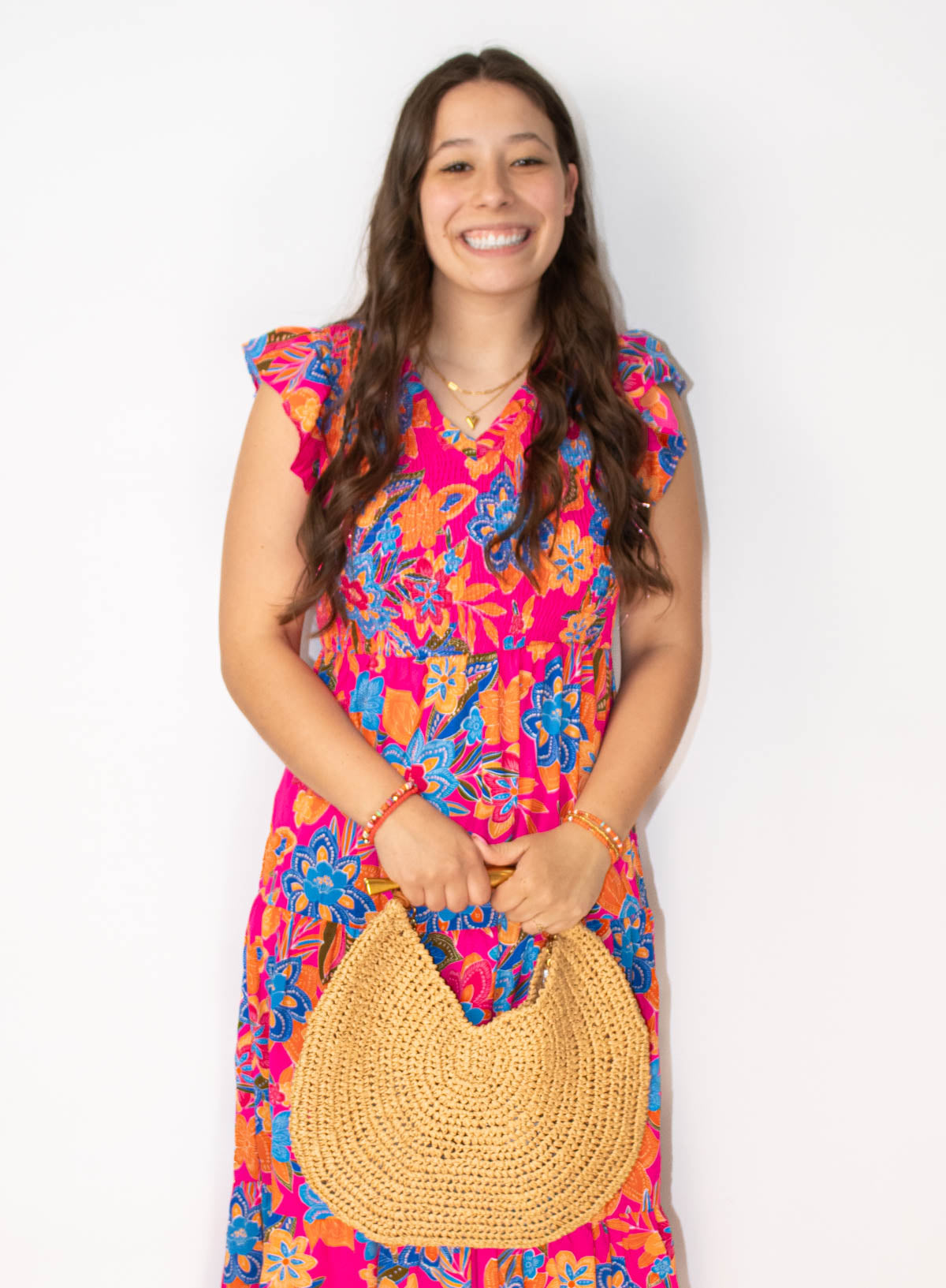 Pink Floral V Neck Ruffle Tiered Dress