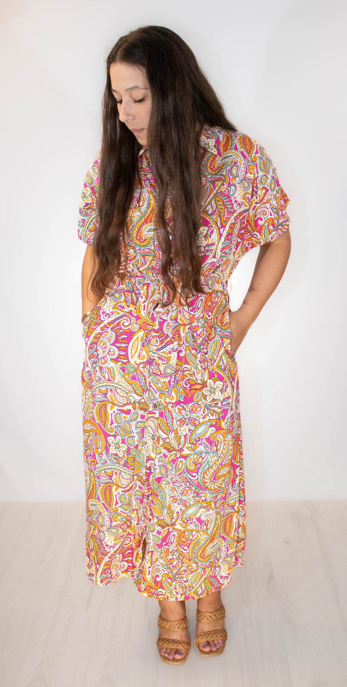 Button Down Paisley Midi Dress