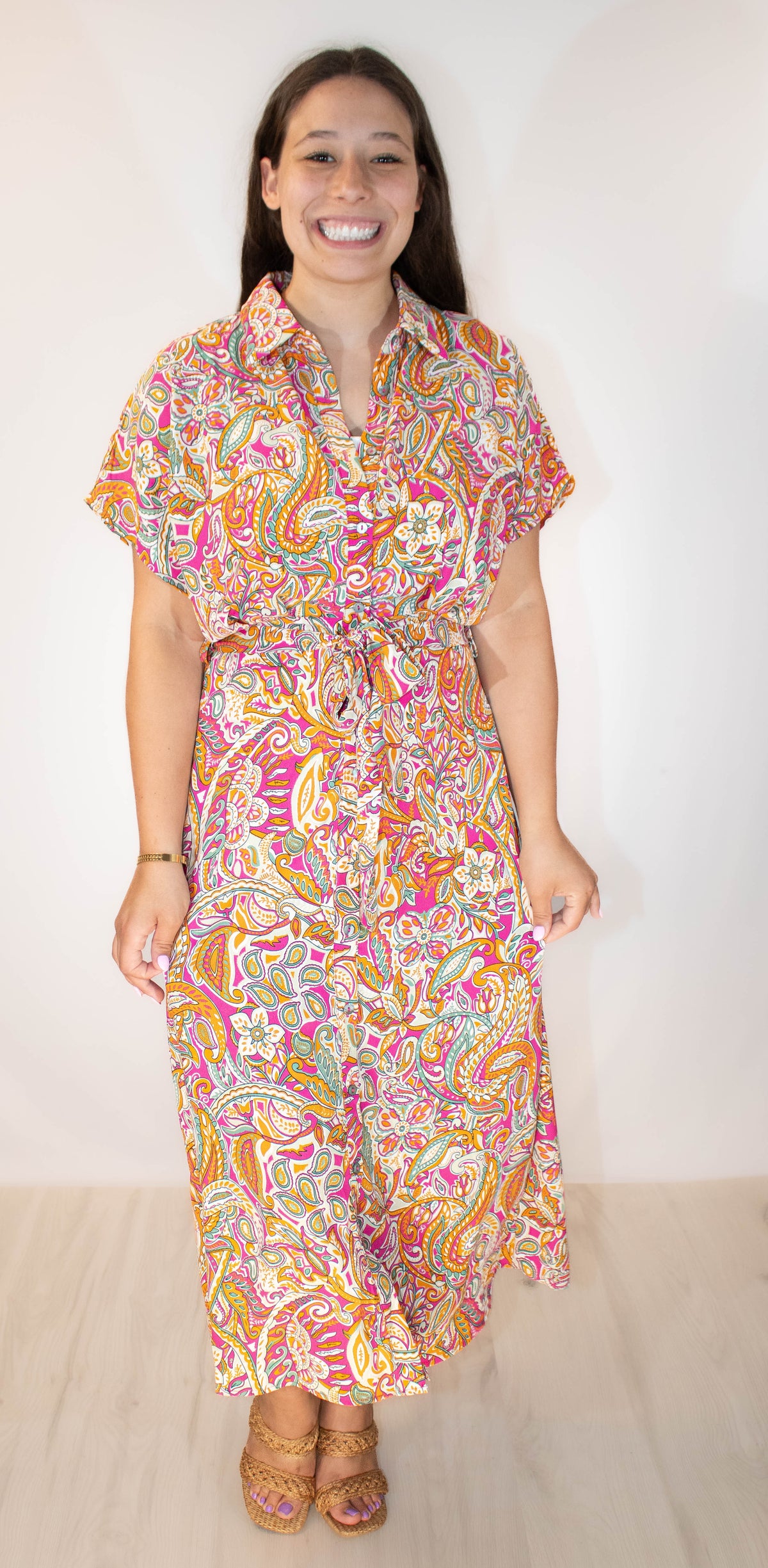 Button Down Paisley Midi Dress