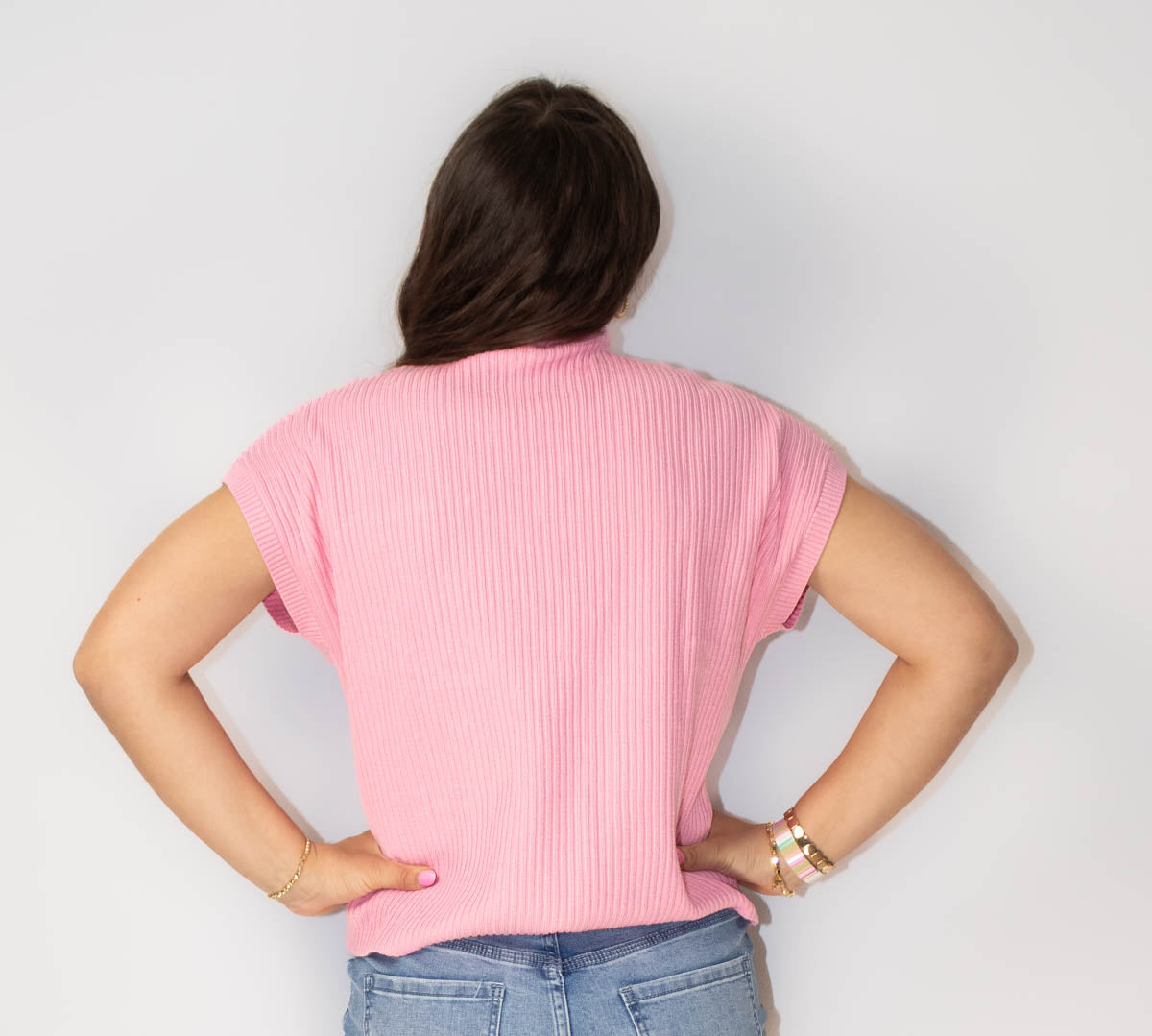 Patch Pocket Ribbed Knit Short Sleeve Sweater- Pink