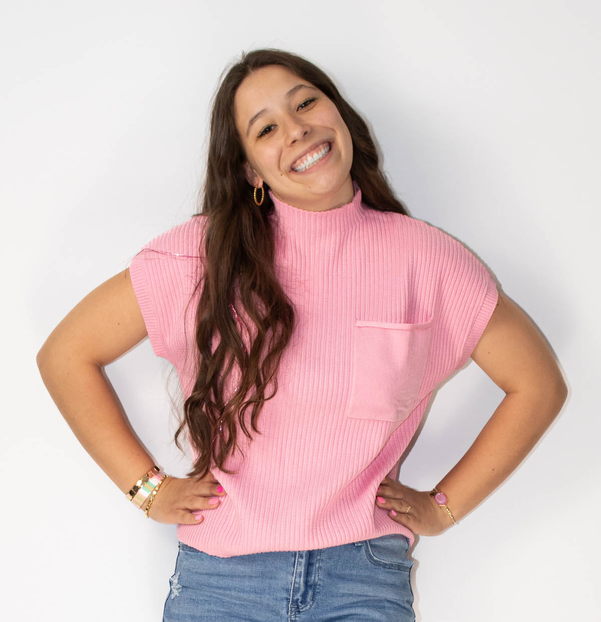 Patch Pocket Ribbed Knit Short Sleeve Sweater- Pink