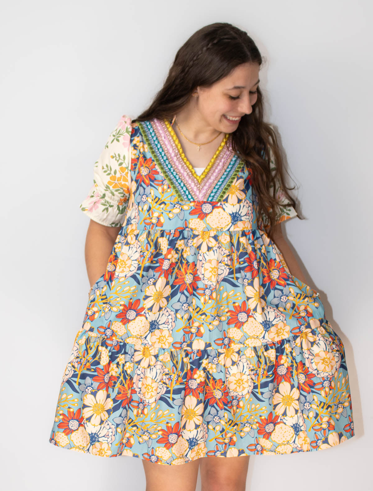 Multicolor Floral Print V Neck Mini Dress