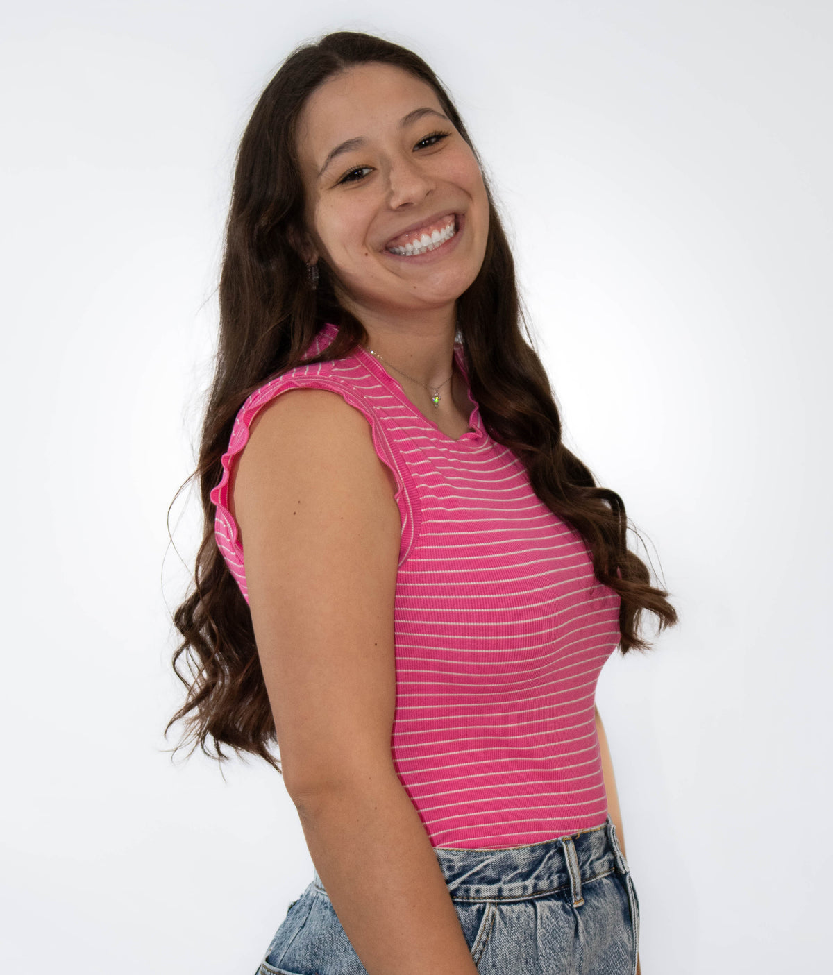 Stretchy Ruffle Sleeve Stripe Tank Top