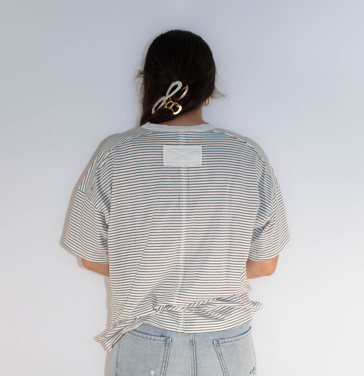 Basic Striped Drop Shoulder Short Sleeves Top