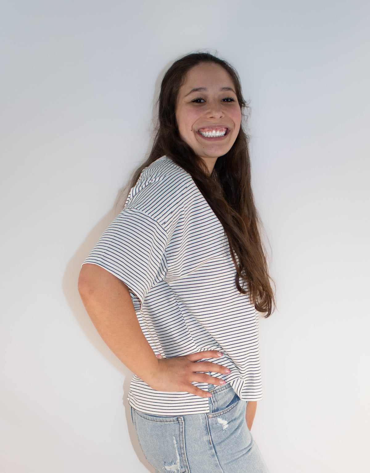 Basic Striped Drop Shoulder Short Sleeves Top