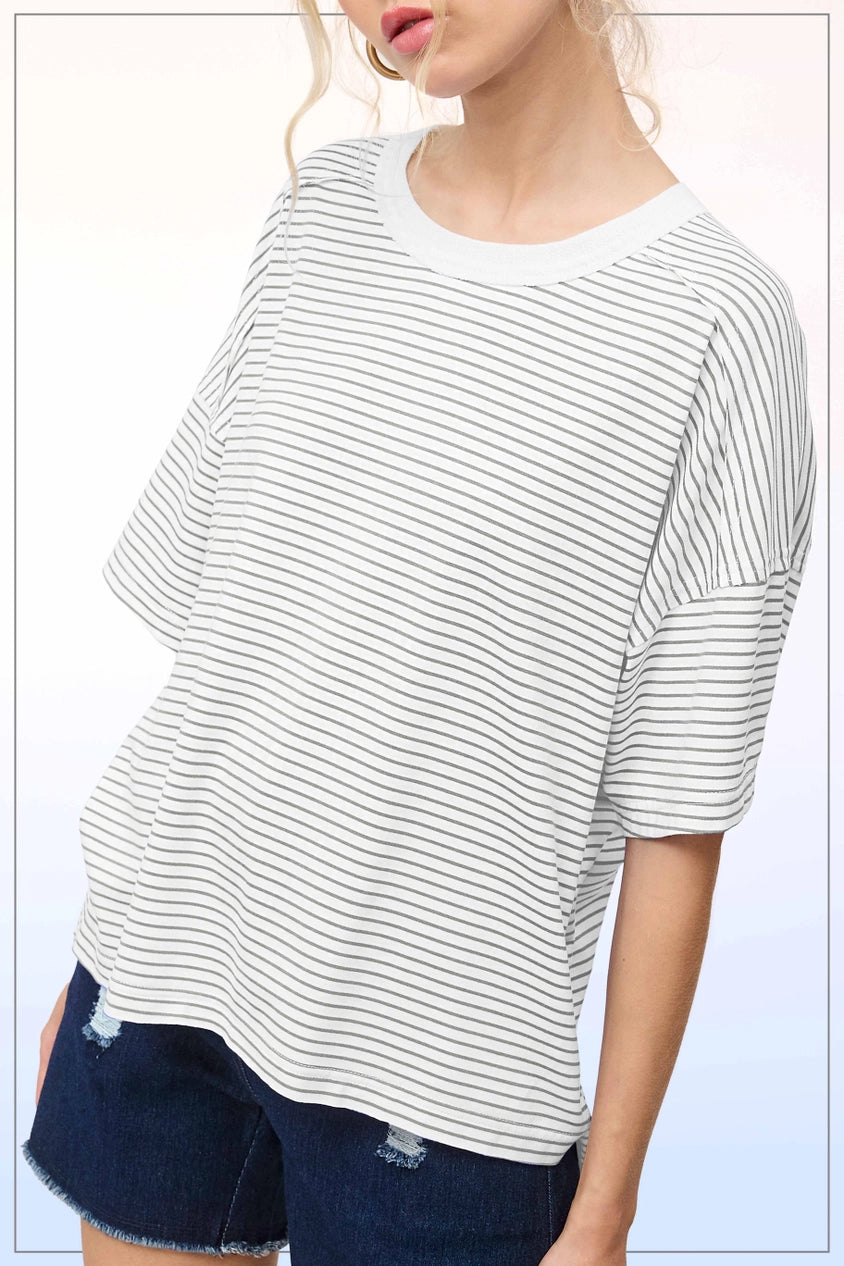 Basic Striped Drop Shoulder Short Sleeves Top
