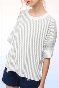 Basic Striped Drop Shoulder Short Sleeves Top
