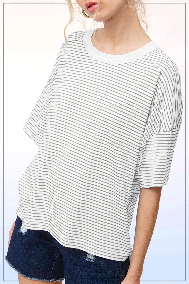 Basic Striped Drop Shoulder Short Sleeves Top