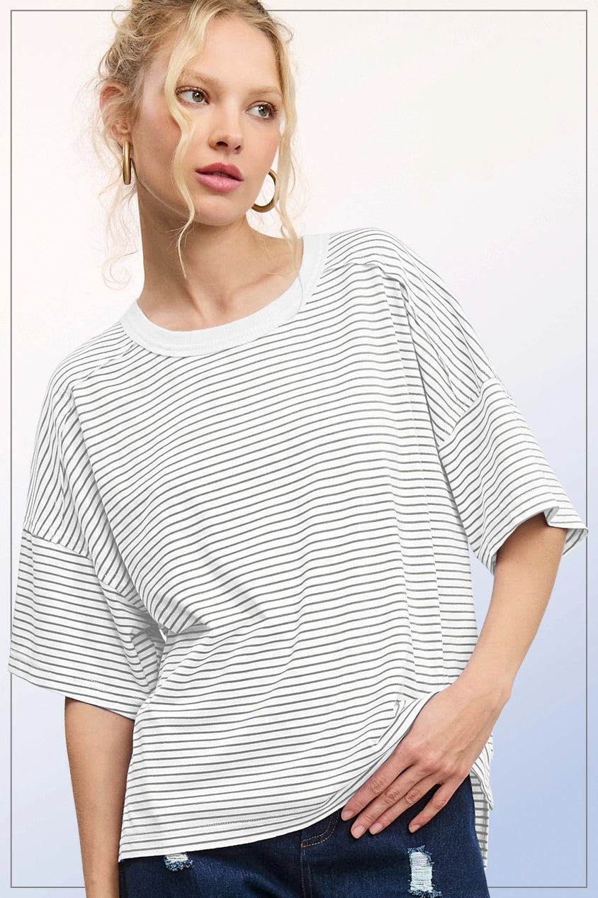 Basic Striped Drop Shoulder Short Sleeves Top
