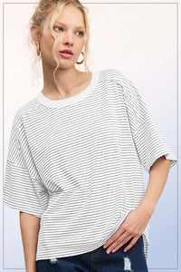 Basic Striped Drop Shoulder Short Sleeves Top