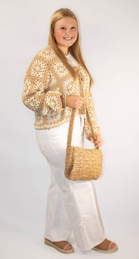 FRONT TIE CROCHET CARDIGAN: TAUPE-CREAM