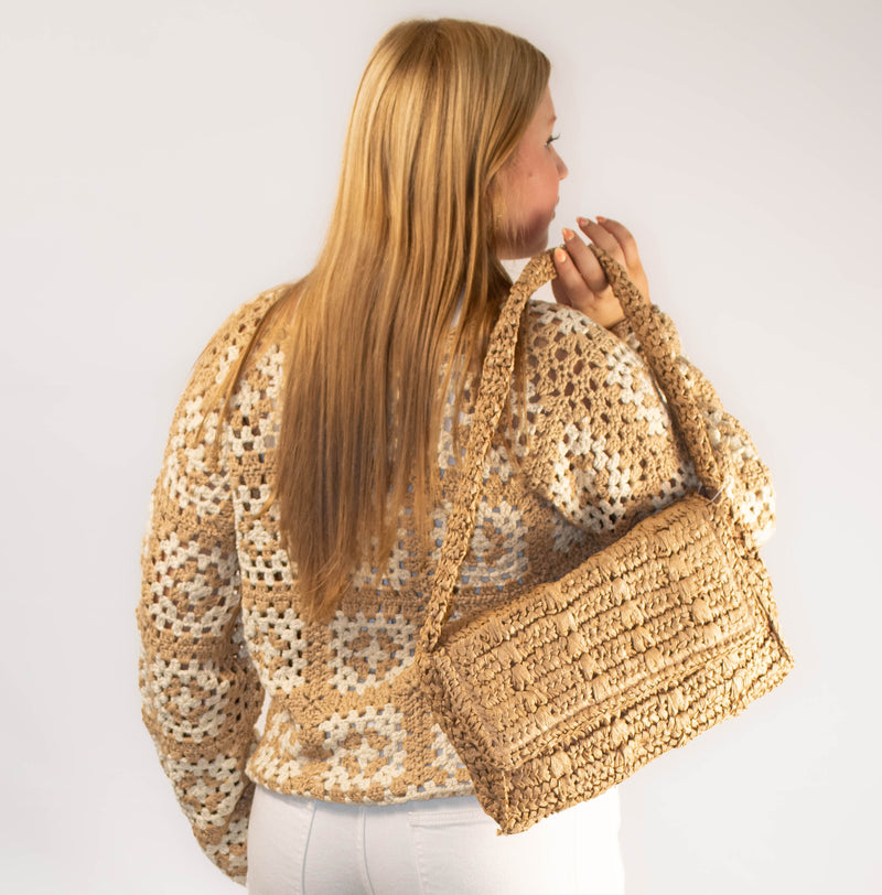 FRONT TIE CROCHET CARDIGAN: TAUPE-CREAM