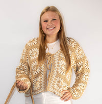 FRONT TIE CROCHET CARDIGAN: TAUPE-CREAM