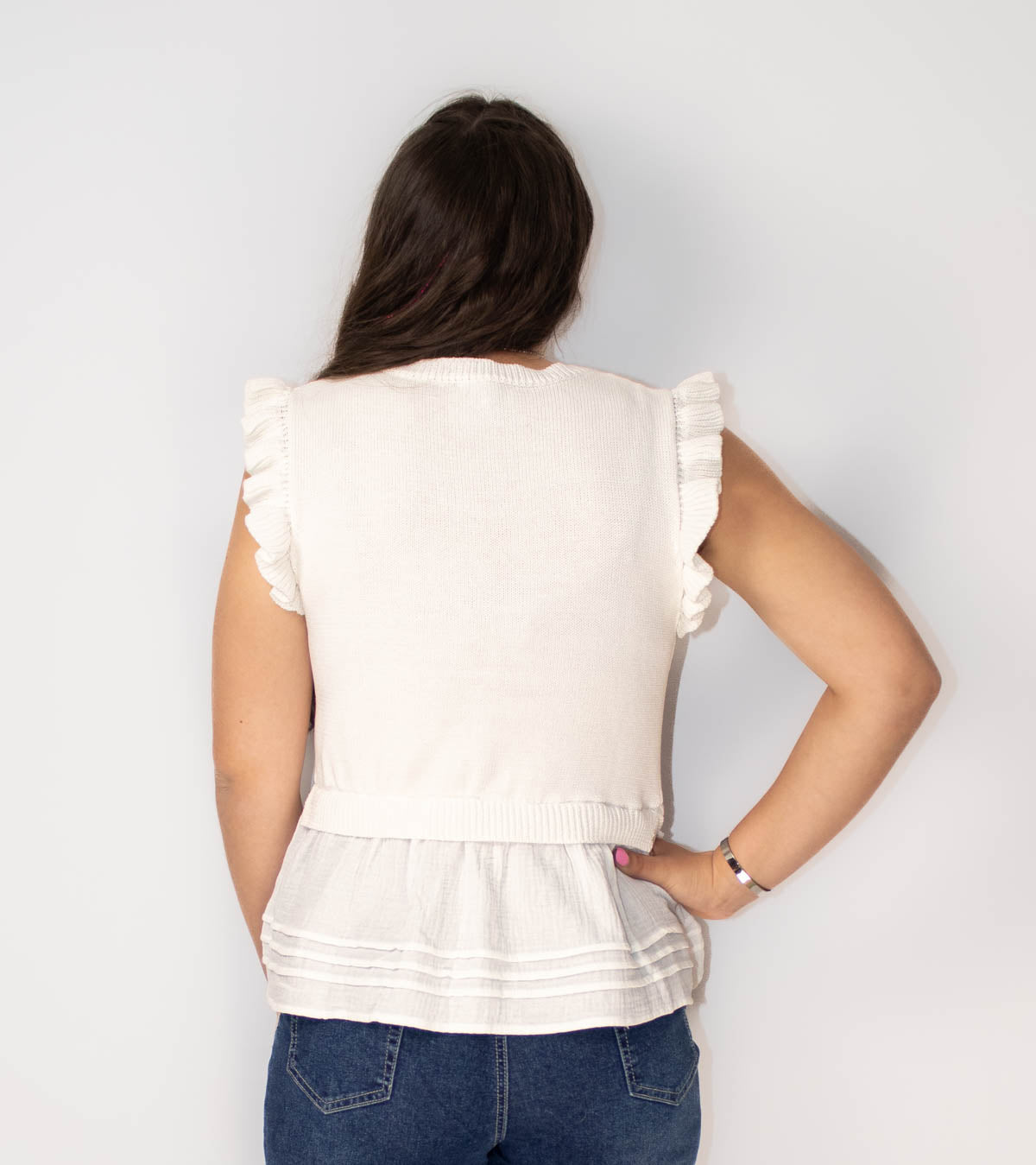 Round Neck Ruffle Sleeve Woven Mix Top