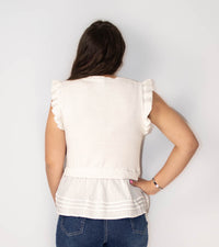 Round Neck Ruffle Sleeve Woven Mix Top