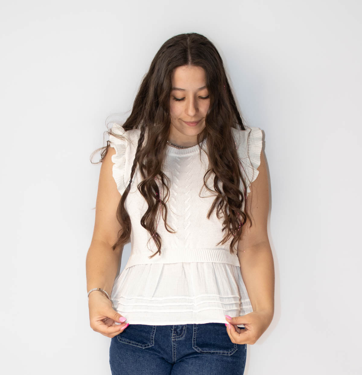 Round Neck Ruffle Sleeve Woven Mix Top