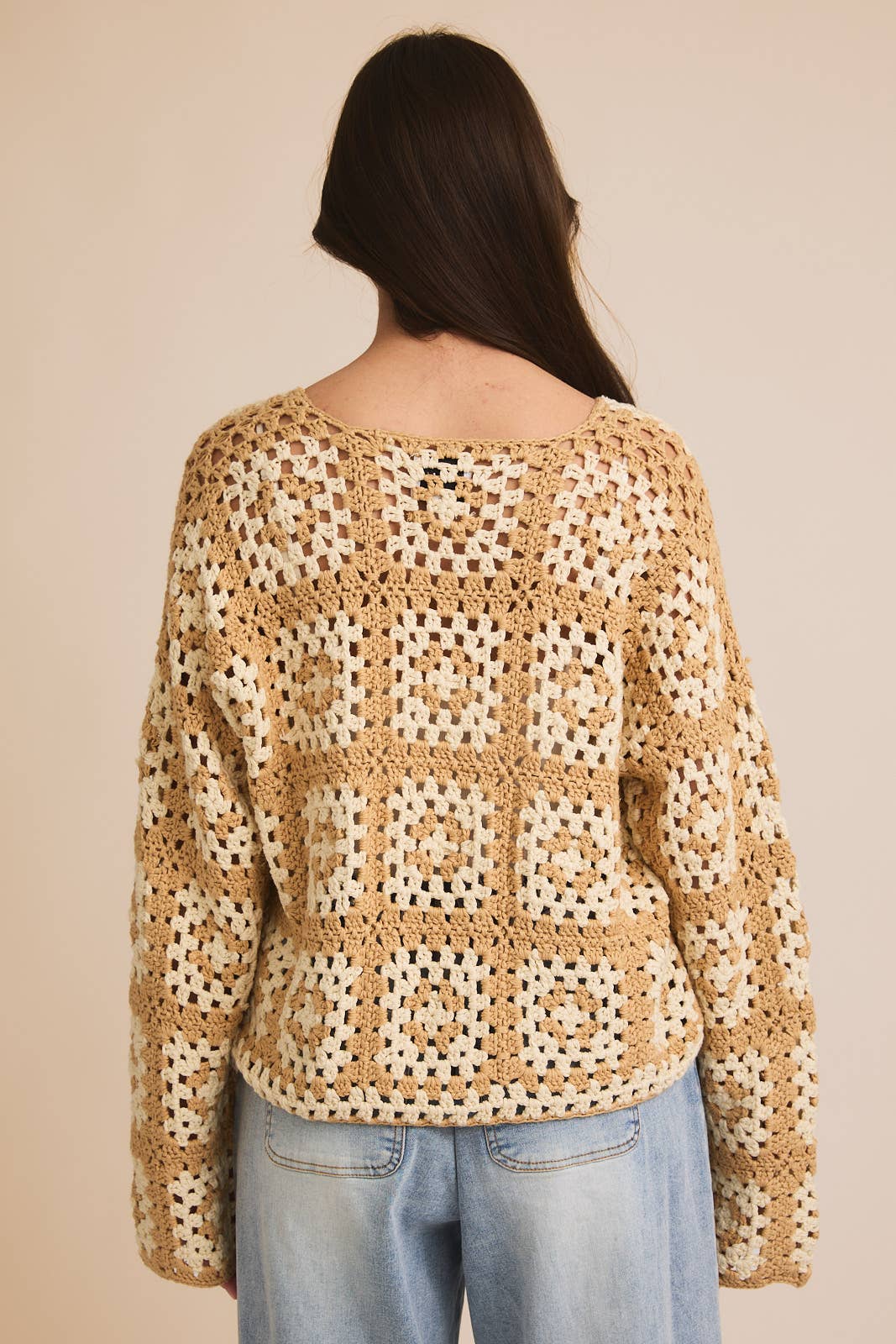 FRONT TIE CROCHET CARDIGAN: TAUPE-CREAM