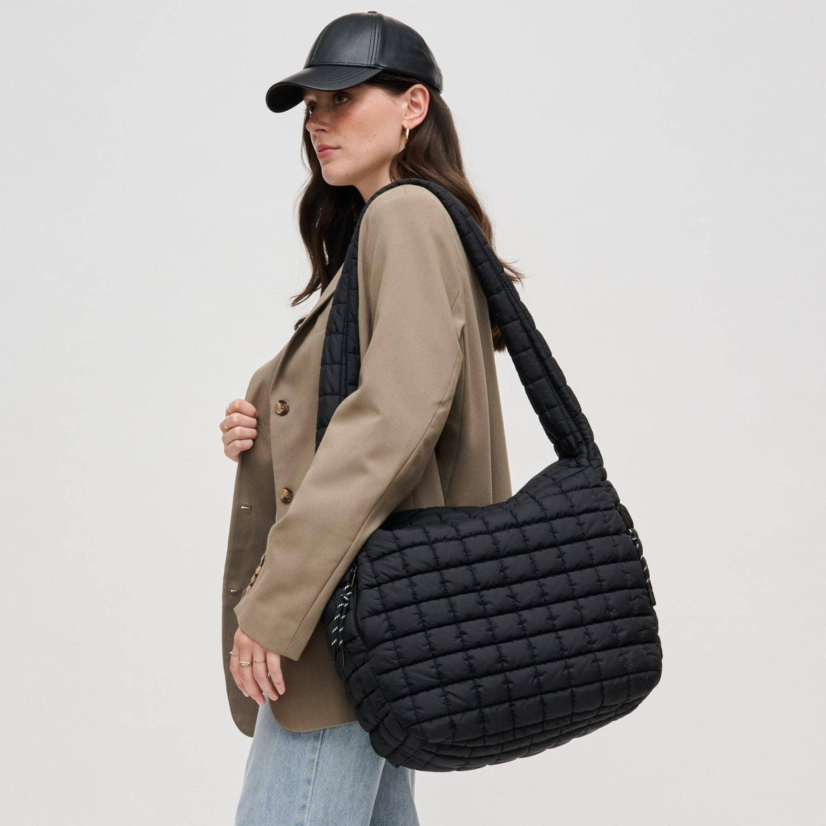 Leda Quilted Nylon Puffer Hobo: Black
