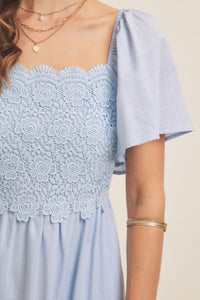 Tiered Floral Crochet Midi Dress with Flutter Sleeves- Pastel Blue