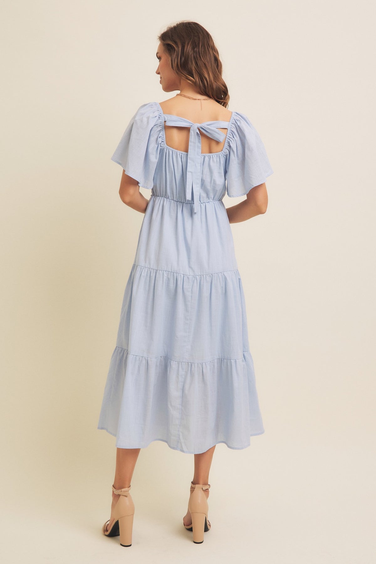 Tiered Floral Crochet Midi Dress with Flutter Sleeves- Pastel Blue