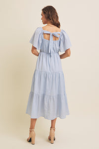 Tiered Floral Crochet Midi Dress with Flutter Sleeves- Pastel Blue