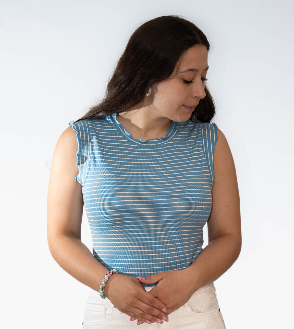 Stretchy Ruffle Sleeve Stripe Tank Top