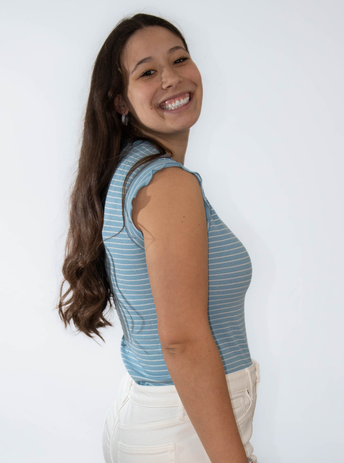 Stretchy Ruffle Sleeve Stripe Tank Top