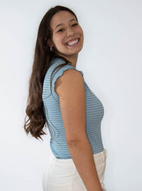 Stretchy Ruffle Sleeve Stripe Tank Top
