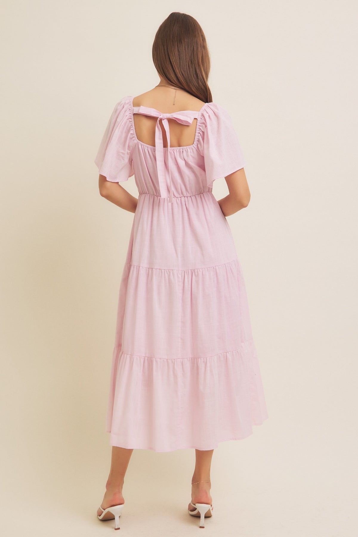 Tiered Floral Crochet Midi Dress with Flutter Sleeves- Ballerina Pink