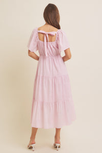 Tiered Floral Crochet Midi Dress with Flutter Sleeves- Ballerina Pink