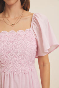 Tiered Floral Crochet Midi Dress with Flutter Sleeves- Ballerina Pink